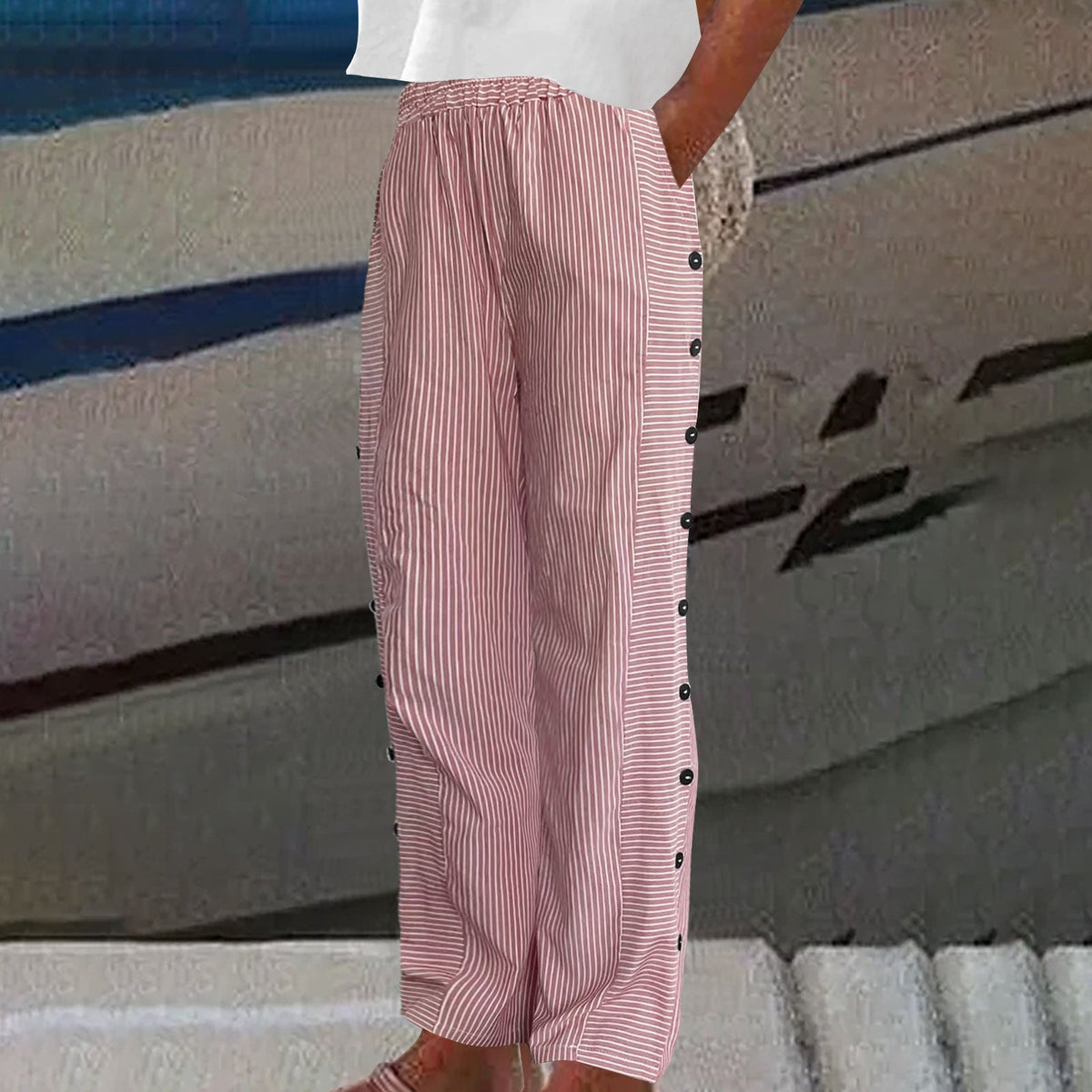 VIENNA – STRIPED BUTTON-ACCENT PANTS
